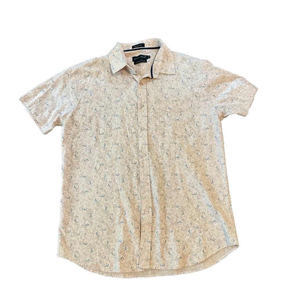 Gents Park Linen Club 100% Linen Mens Shirt XL Slim Beige Floral Heritage Preppy